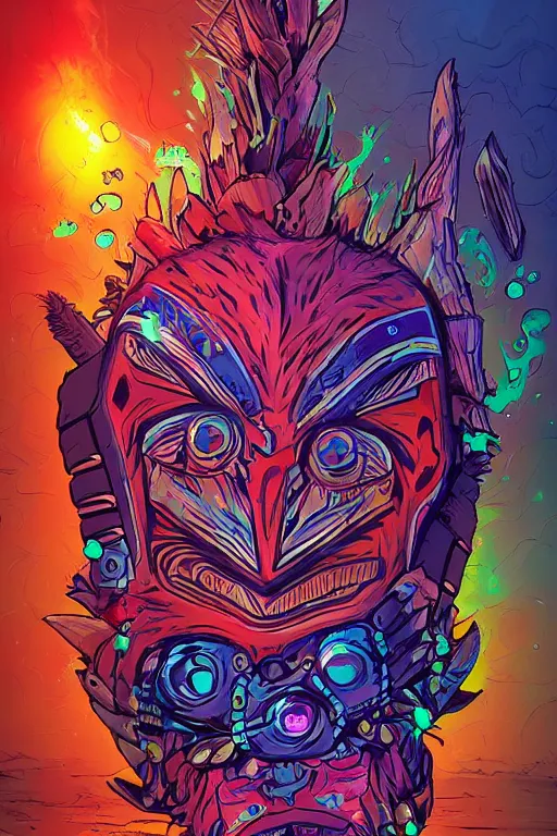 Image similar to totem animal tribal chaman vodoo mask feather gemstone plant wood rock video game illustration vivid color borderlands by josan gonzales and dan mumford radiating a glowing aura