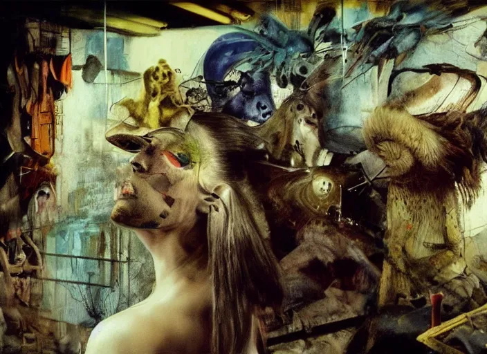 Prompt: wild underground scene from a 7 0's movie by chris cunningham, kenneth anger and alejandro jodorowsky : : surreal dream scene of actresses turning into animals in urban setting : : close - up, concept art, painting by enki bilal, tim walker, adrian ghenie 4 k