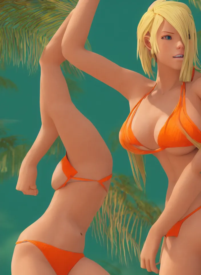Image similar to beautiful blond woman in orange tribal bikini, blond hair pulled back off the face, green eyes, by makoto shinkai, 8 k, high resolution render, cinematic, unreal engine, clean lineart and flat color,