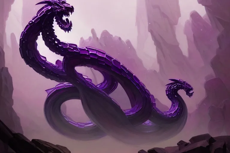 Image similar to concept art of a crystal hydra, d & d creature, by greg rutkowski and alphonse mucha, gradient black to purple, monoliths in a dark forest background, highly detailed, digital painting, artstation, concept art, smooth, sharp focus illustration, artstation hq