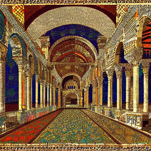 Prompt: Great palace of Constantinople's mosaics, digital art, 3d, perfect lighting, natural, colourful