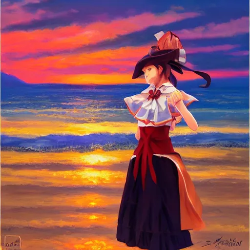 Prompt: Beautiful portrait of Kirisame Marisa at sunset on the beach, touhou project, ZUN, sold at an auction, oil on canvas, official artwork, trending on artstation, in the style of Antoine Blanchard, wide strokes