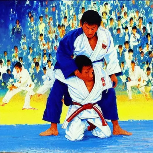 Prompt: masahiko kimura by leroy neiman, intricate, ultra detailed painting, atmospheric lighting, judo, golden hour