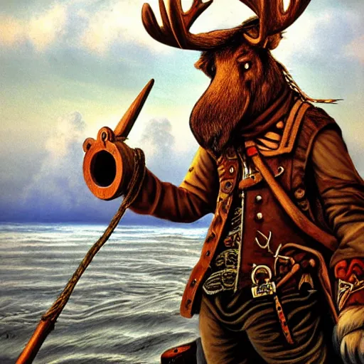 Image similar to anthropomorphic moose pirate humanoid by james gurney, pirate ship, sea, fantasy