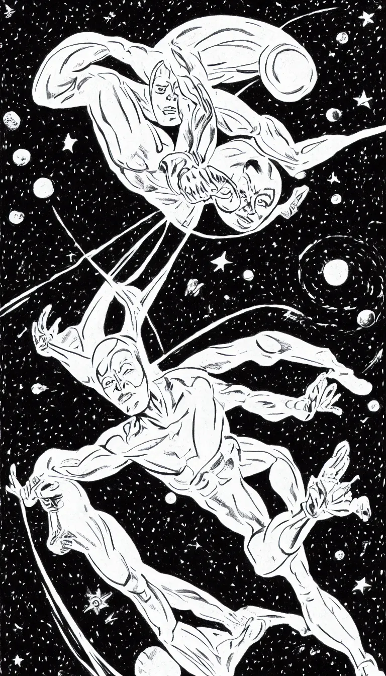 Prompt: silver surfer in space hovering above earth, by steve ditko, black and white, pencil drawing,