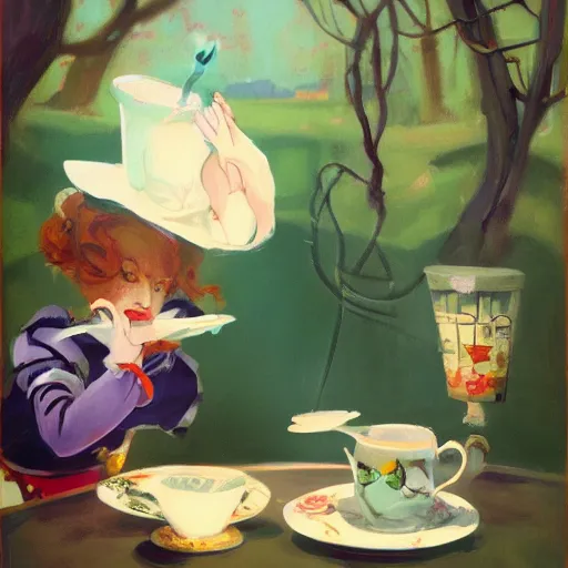 Image similar to tea time, Alice in Wonderland by Malcolm Liepke, hyper realism, 8k, trending on artstation