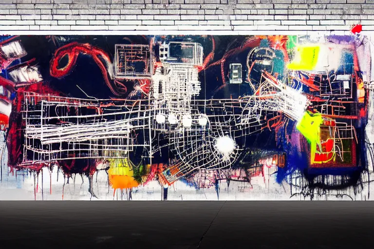 Prompt: neural industrial machines, multilayer glitch effect in spatial perceptron synapses, matte painting, 4 k, epic composition, volumetric light, abstract illusionism, by robert rauschenberg, edvard munch, jean - michel basquiat, pour paint, modern street art, grunge wall