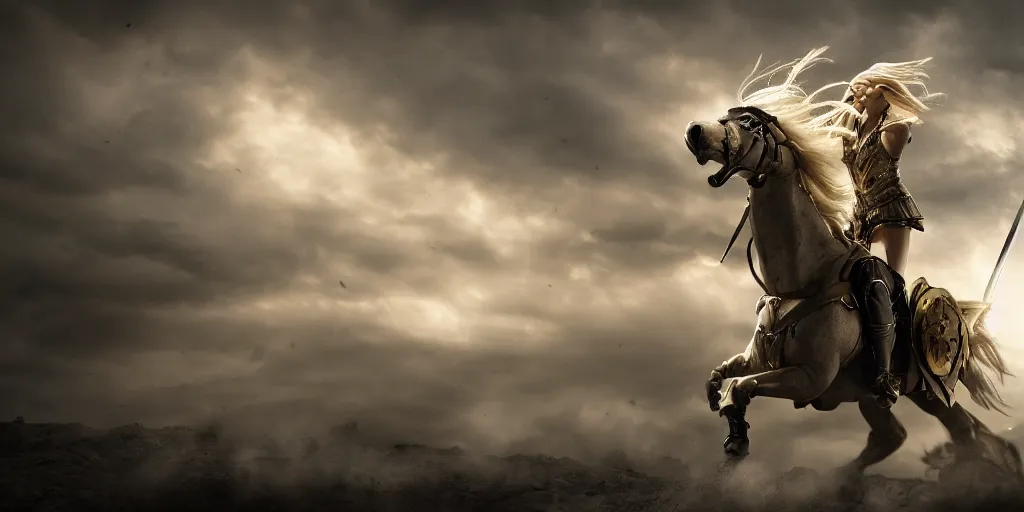 Image similar to a beautiful blond woman riding an armored griphon into battle, 8 k, moody lighting, shallow depth of field,