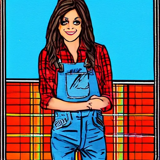 Image similar to cute girl wearing plaid and blue jean rolled up to her knees, she has her hand on a very large paint brush, modern cartoon trading card,