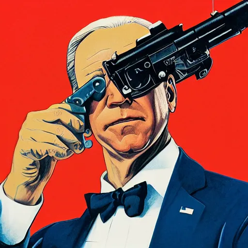 Image similar to propaganda poster of joe biden pointing gun directly at camera in james bond movie, closeup of gun, visible barrel and grip by j. c. leyendecker, bosch, lisa frank, jon mcnaughton, and beksinski