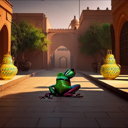 Prompt: frog travels through marrakech, volumetric light, detailed, establishing shot, an epic fantasy, cinematic, photorealistic, ultrarealistic, trending on art station, octane render