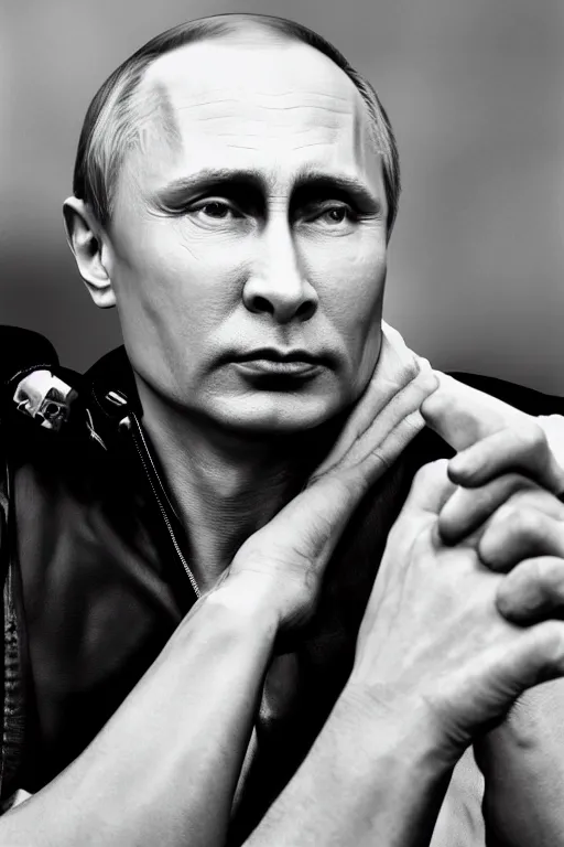 Image similar to close up of Vladimir Putin as the lead singer of an 80's electronic band, cyberpunk style, black and white, 8k, gritty