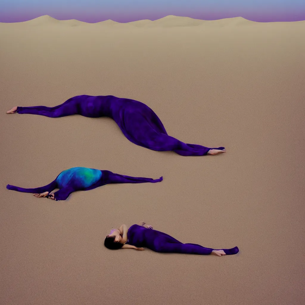 Image similar to cinestill medium view of iridiscent oil spill in desert dunes of sand tempest with women corpses connected by cables and computers to wax forms to a buried baby relaxing on yoga mat, faded, purple gradient, dust, purple fog, depth of field, by werner herzog, hans bellmer and nadav kander, 8 k, sad atmosphere, cinematic