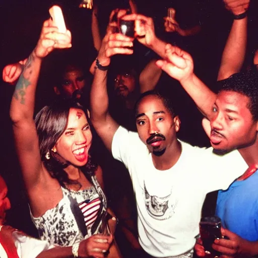 Prompt: photo of people partying in the 1990's. 2pac is the main focus of the photo, he is the main focus.