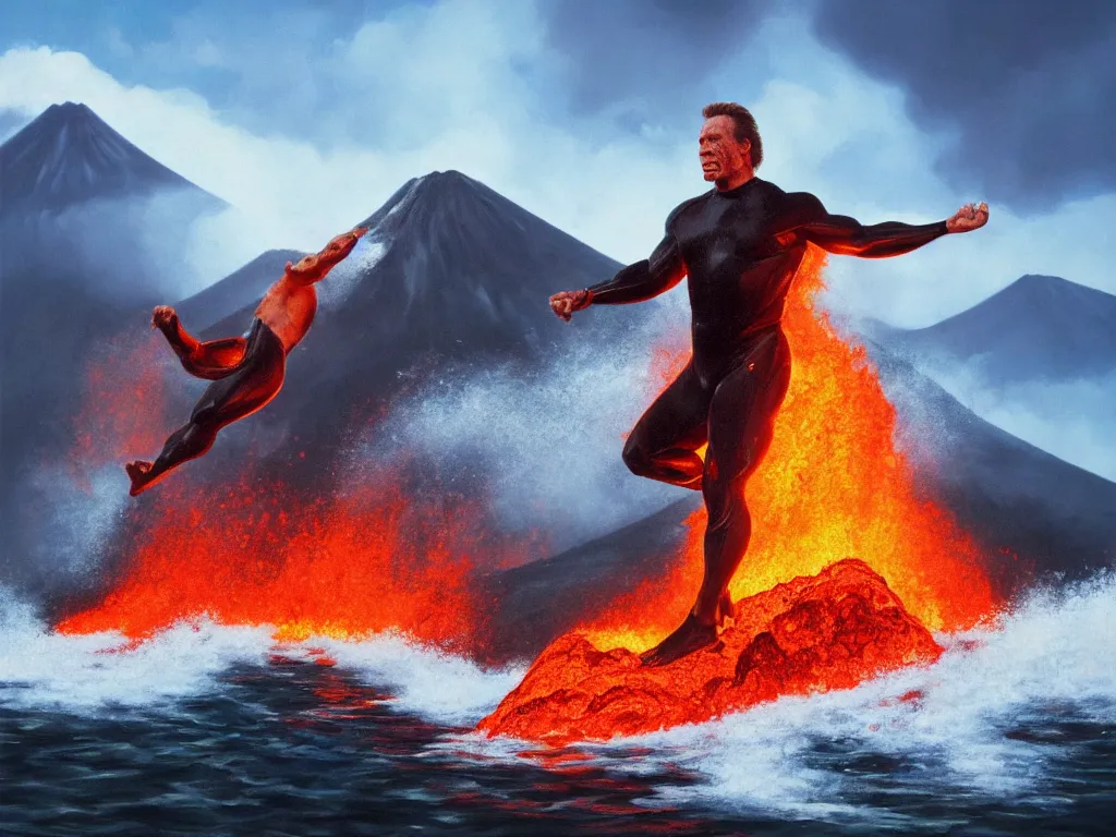 Image similar to detailed portrait of an arnold schwarzenegger surfing on lava, volcano eruption on the background, stunning scene, 8 k, digital painting, hyperrealism, vivid colors, trending on artstation