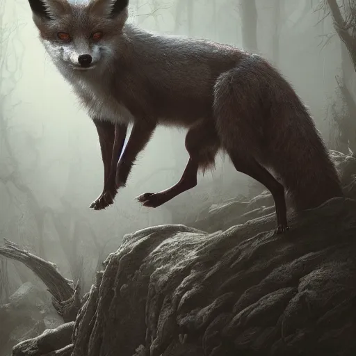 Prompt: photorealistic demonic fox in the style of michael whelan and gustave dore. hyperdetailed photorealism by greg rutkowski. 1 0 8 megapixels, 3 d finalrender, cinematic lighting