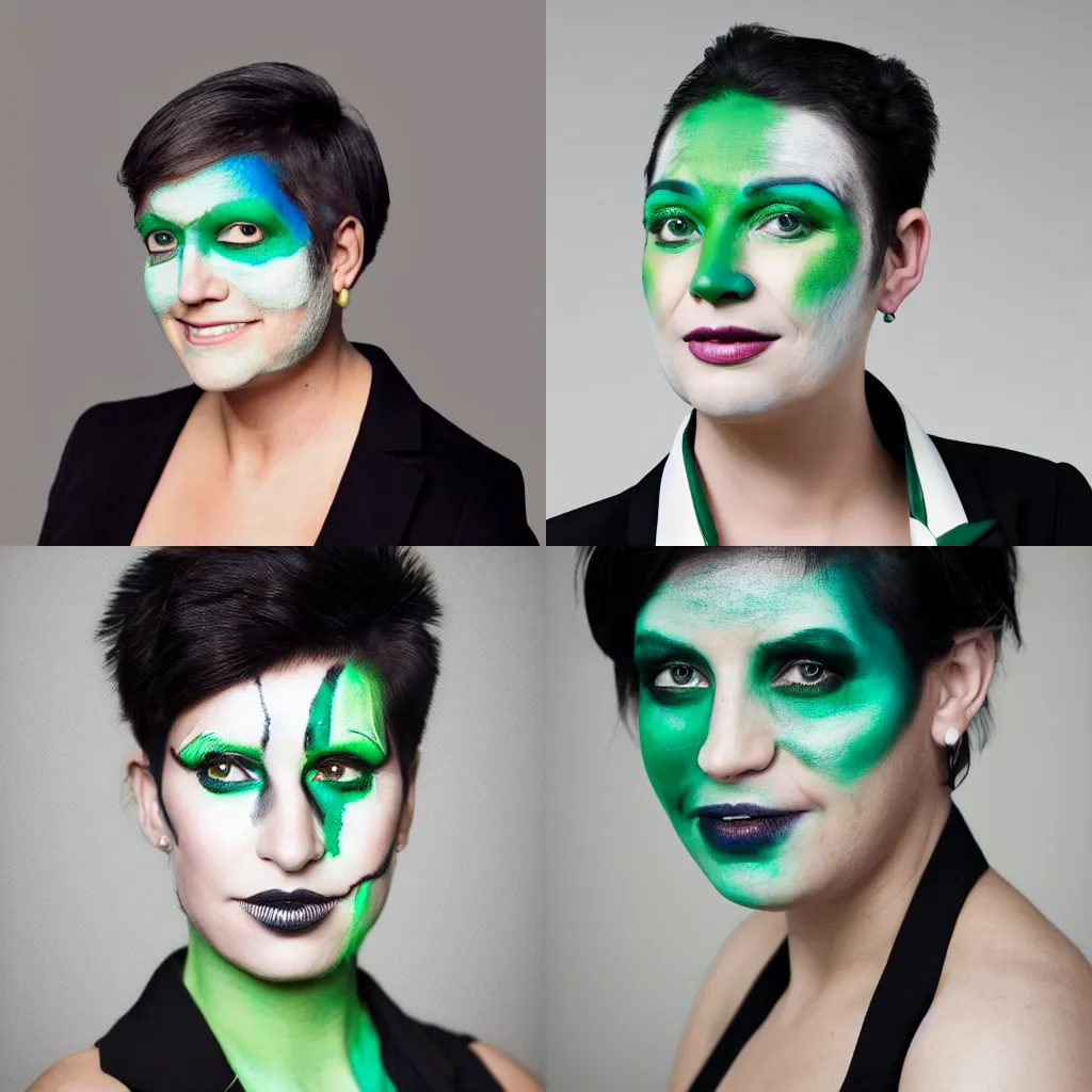 Prompt: realistic studio portrait of a woman with green and white face paint and short hair wearing a black blazer, the background is a blue to black gradient, top down spotlight lighting
