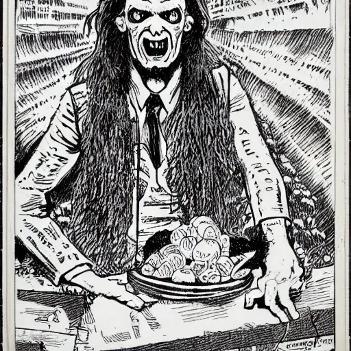 Image similar to a Pop Wonder scary horror themed goofy-hilarious-character r-Crumb, dime-store-comic drawn with charcoal and pen and ink, half-tone-line-stacking