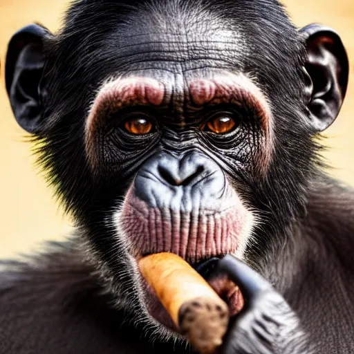 Image similar to a high detail closeup shot of a chimp wearing a suit and smoking a cigar