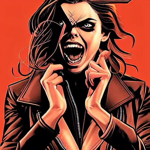 Image similar to in the style of Rafael Albuquerque comicbook cover art, Samara Weaving vampire, sharp teeth grin, perfect Symmetrical face, sarcastic, brown leather jacket, surrounded by creatures