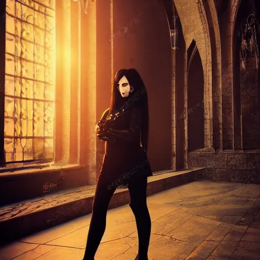 Image similar to a portrait of a sad cyberpunk long black hair women standing in a gothic catedral, soft lighting, golden hour, ahestetic, very detailed, super detailed, extremely beautiful,