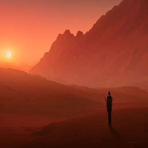 Image similar to sunset in the desert, fantasy art, illustration, animated film,, by roman shipunov, etienne hebinger, atey ghailan, cgsociety, cynical realism, fantasy art, 2 d game art