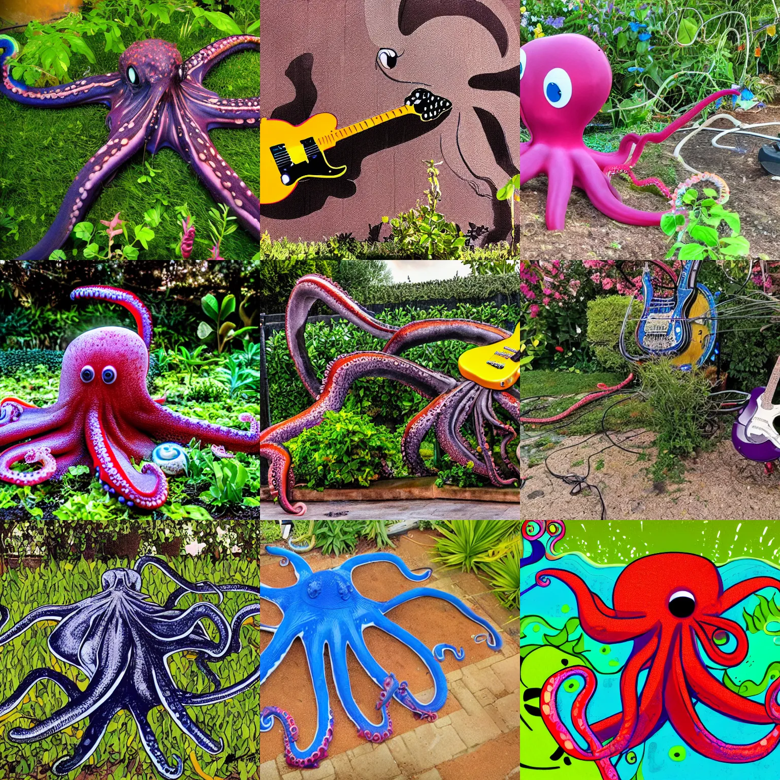 Prompt: a wide angle view of an octopus playing a an electric guitar in an octopus's garden in the shade