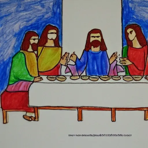 Image similar to last supper, drawn by a 5 year old detailed, sketh