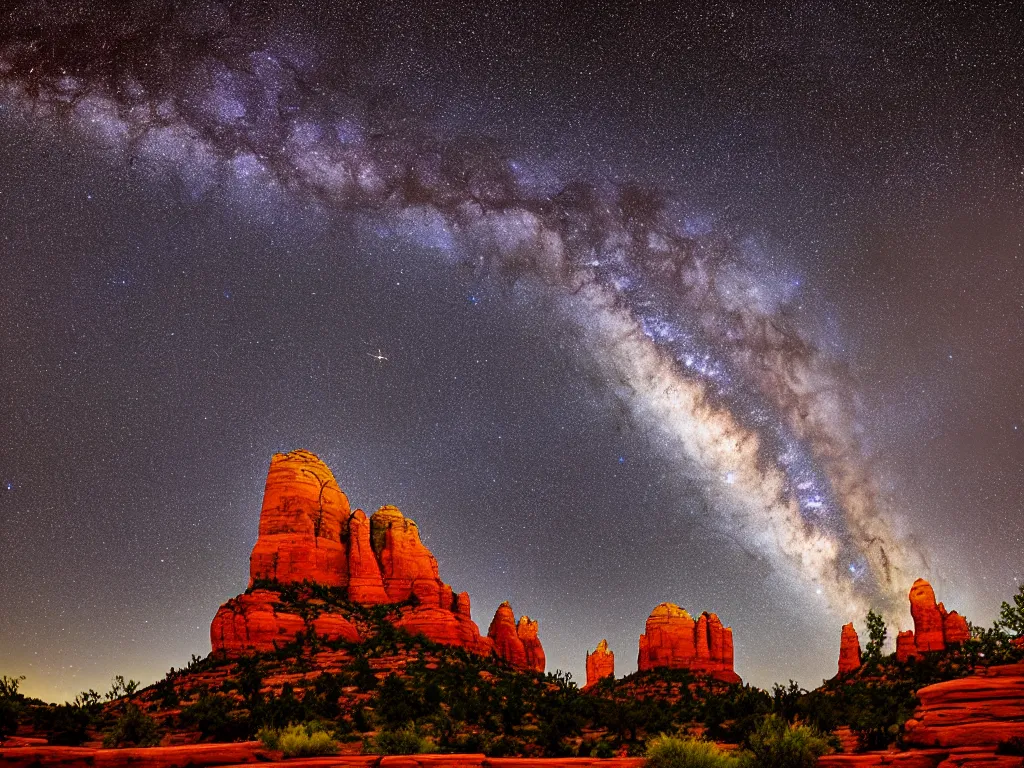 Image similar to sedona's cathedral rock bluff, night, milky way, intricate lines, elegant, extreme detail, sharp focus, photo realistic, ultra realistic, photographic