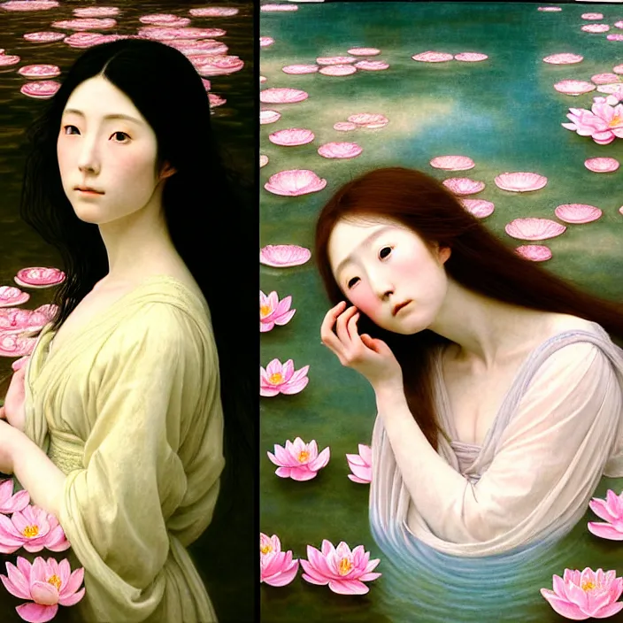 Image similar to Kodak Portra 400, 8K, soft light, volumetric lighting, highly detailed, Rena Nounen style 3/4 ,portrait photo of a Japanese beautiful female how pre-Raphaelites painter, the face emerges from the water of Pamukkale with lotus flowers, inspired by Ophelia paint , a beautiful chic dress and hair are intricate with highly detailed realistic beautiful flowers , Realistic, Refined, Highly Detailed, natural outdoor soft pastel lighting colors scheme, outdoor fine art photography, Hyper realistic, photo realistic