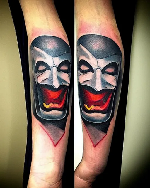 Image similar to tattoo of a half face batman and half face joker