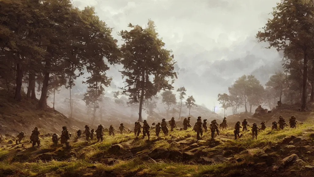 Image similar to a group of soliders in a stunning landscape by jakub rozalski