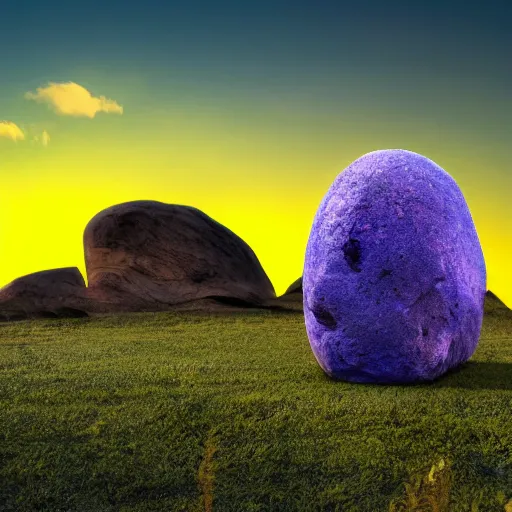 Prompt: warm blue alien field, with a large rock in the middle, and a sun setting purple sky, featuring the outline of a long alien like creature, landscape photo, 8k, award winning