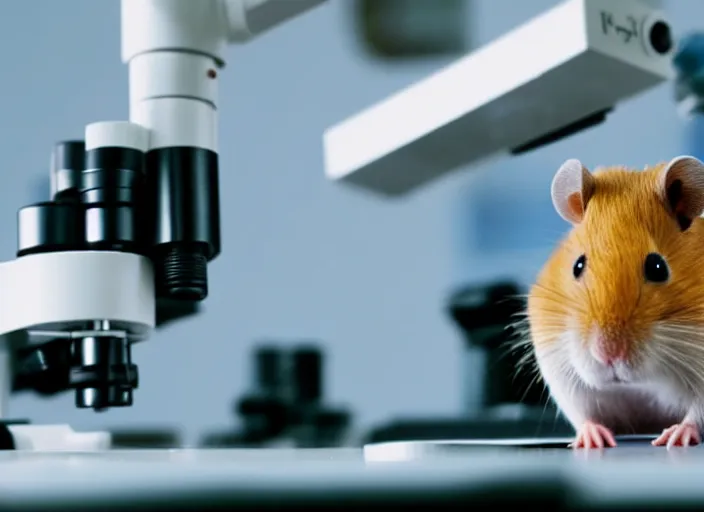 Image similar to film still of a hamster working in a research lab using a tiny microscope, 8 k