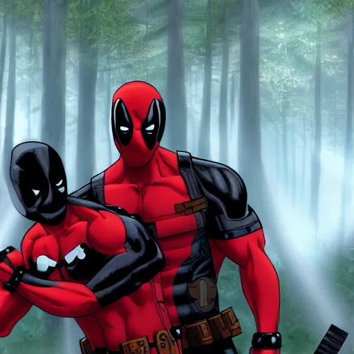 Prompt: deadpool and venom in the woods playing digital art 4 k detailed
