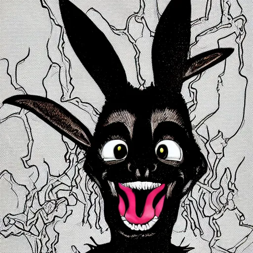 Image similar to A extremely highly detailed majestic hi-res beautiful, highly detailed head and shoulders portrait of a scary terrifying, horrifying, creepy maniacal crazy black cartoon rabbit with scary big eyes, earing a shirt laughing maniacally , let's be friends, in the style of a Walt Disney cartoon