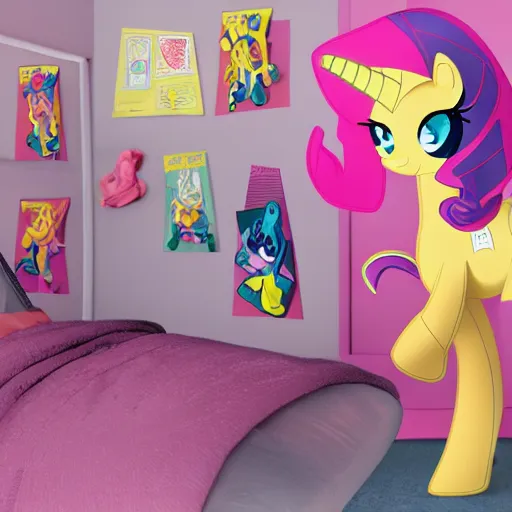 Image similar to hazmat team removes crusty stained sock from messy bedroom with my little pony posters on wall, digital art, cosmic, 3 d high definition, trending on artstation, photorealistic, high resolution, vray, 8 k, octane, trending on, hdr, hyper detailed, insane details, intricate, elite, ornate, elegant, unreal engine