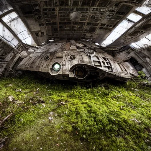 Image similar to overgrown desolate abandoned millenium falcon