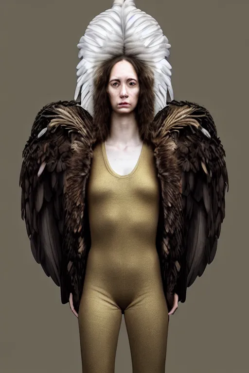 Image similar to epic professional digital portrait of attractive female human - eagle hybrid animal, wearing human air force jumpsuit, humanoid feathered head, eagle beak, by lisa roet, leesha hannigan, wayne haag, iris van herpen, artstation, cgsociety, epic, much wow, much detail, gorgeous, detailed, cinematic, masterpiece