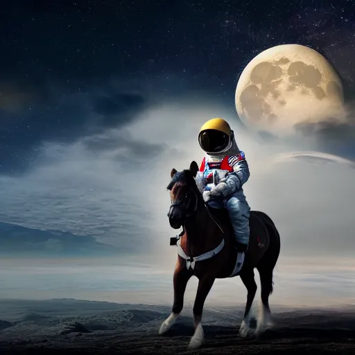 Prompt: an astronaut riding a horse uhd 8 k, artstation, hd, hdr, shuttershock, dramatic lighting, beautiful landscape, moon in the background, incredibly detailed