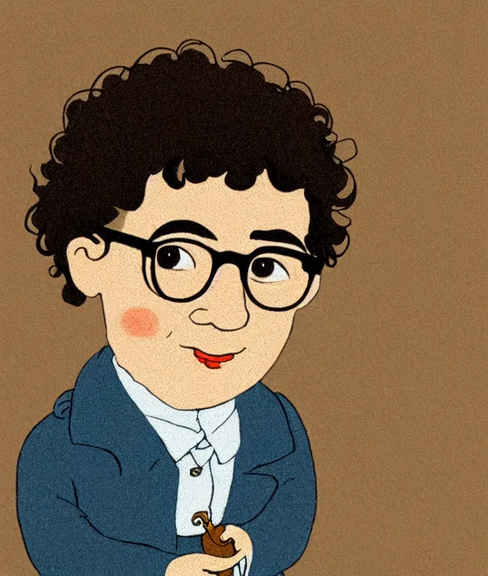 Prompt: jewish young man with glasses, dark short curly hair smiling, illustration in the style of beatrix potter