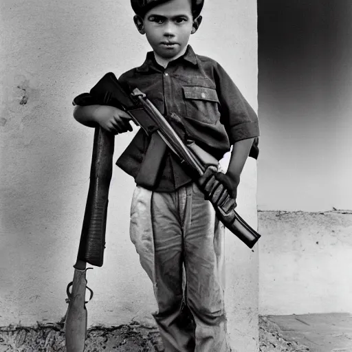 Image similar to a portrait of a young boy carrying a AK-47 rifle by Ansel Adams