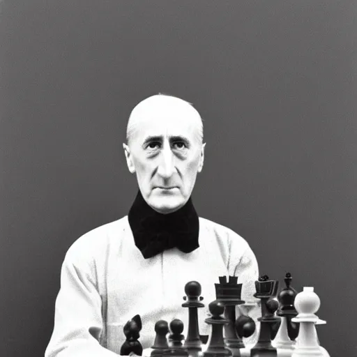 Image similar to Marcel Duchamp holding a low poly wireframe mesh model of a chess piece, blender, 35mm film