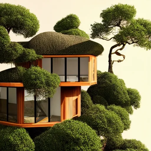 Prompt: Modern house made of tree, big windows, bonsai tree on roof, on a cliff, high resolution, artstation, 8k