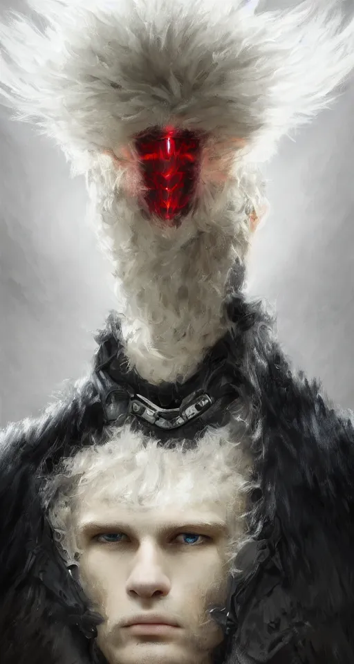 Prompt: oil painting of a pale menacing male soldier with fluffy blond curls of hair and piercing eyes, center parted bangs, high tech suppression dog collar, jagged black imperial armor, sinister resonant red glow white fractals creeping darkness, by WLOP, Artstation, CGsociety