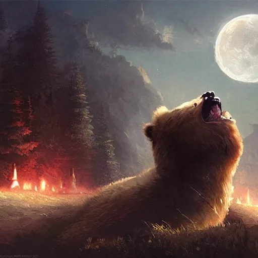 Image similar to A were-bear, roaring at the Moon, fantasy art by Greg Rutkowski