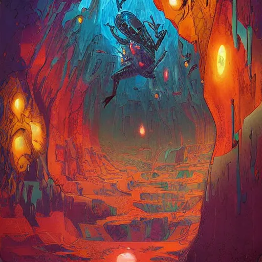 Prompt: art found in a cave on an alien planet, unique, strange, geometric, intricate details, bold warm colours, 2 d matte, graphic novel, art by pepe larraz,