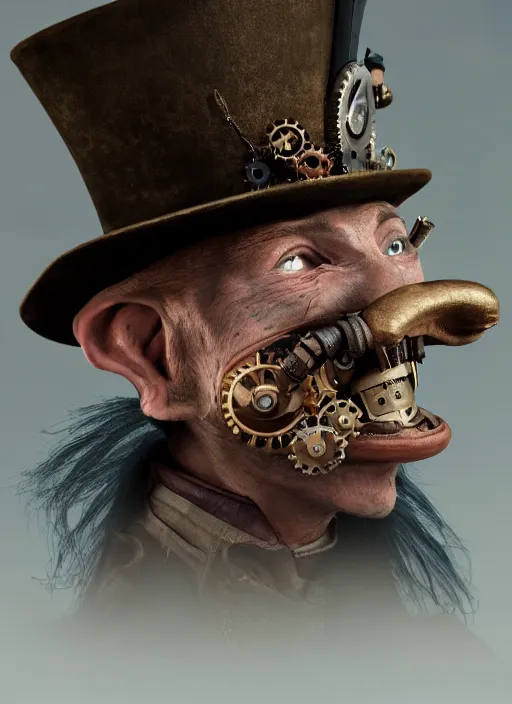 Image similar to closeup portrait of a steampunk medieval goblin wearing a top hat, depth of field, zeiss lens, detailed, symmetrical, centered, fashion photoshoot, by Annie Leibovitz and Steve McCurry, David Lazar, Jimmy Nelsson, Breathtaking, 8k resolution, extremely detailed, beautiful, establishing shot, artistic, hyperrealistic, beautiful face, octane render