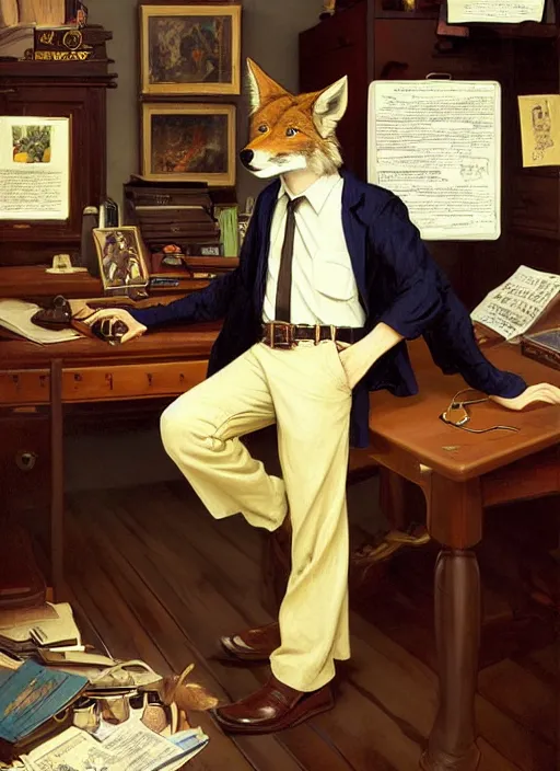 Prompt: beautiful full-body portrait commission of a (male furry!!! anthro!!! coyote fursona!!!) (wearing a white button-down shirt and black slacks) (in a Old-timey Sherriff's office). Atmospheric. Renowned character illustration by greg rutkowski, thomas kindkade, alphonse mucha, loish, norman rockwell. detailed, inked, western comic book art