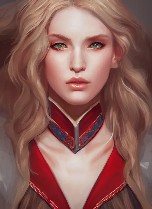 Image similar to a highly detailed illustration of beautiful long dirty blonde haired pale girl wearing red epaulette uniform, red eyes, dramatic seductive pose, intricate, elegant, highly detailed, centered, digital painting, artstation, concept art, smooth, sharp focus, league of legends concept art, WLOP